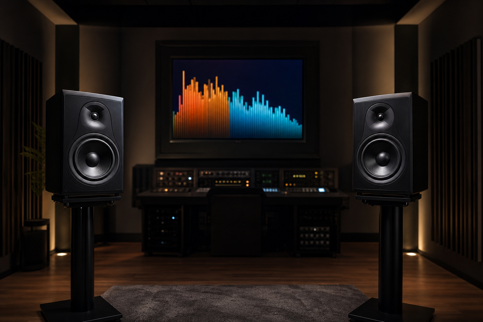 Sala di mastering con analizzatore di spettro e diffusori di riferimento