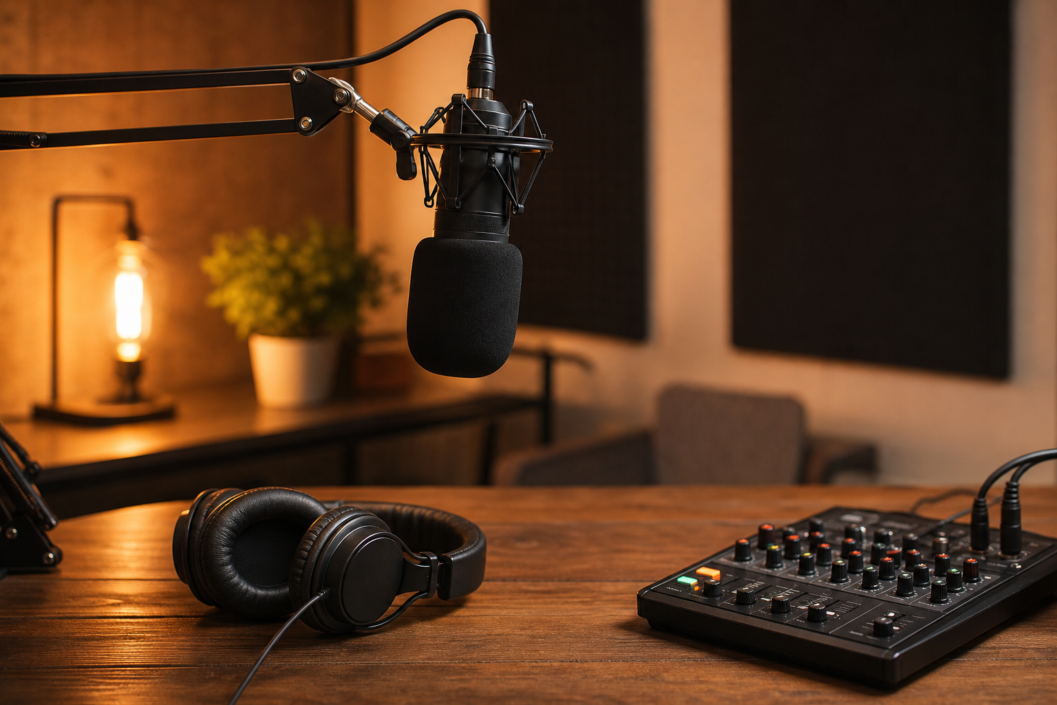 Postazione podcast con microfono, cuffie e mixer per registrazione voce